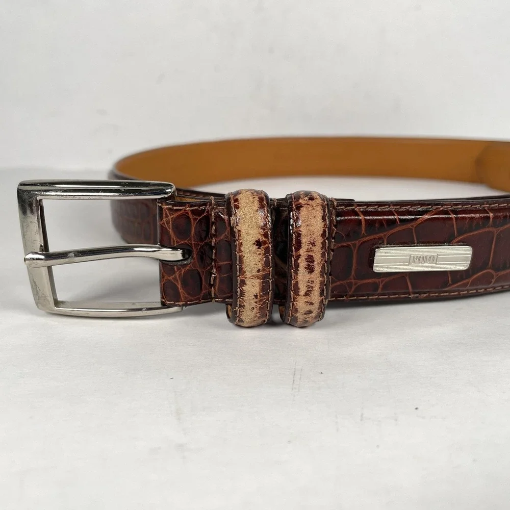 Polo Ralph Lauren Belt Mens Size 38 Brown Leather Croc Embossed Dress Classic